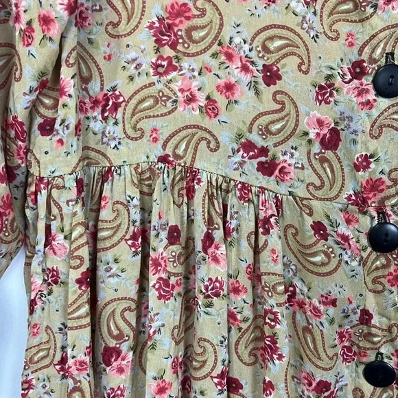 Jassa Wonens Dress 14 Gold Maroon 3/4 Sleeves Boho Floral Paisley Button Up EUC - Picture 6 of 14